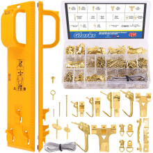 Glarks 307Pcs Picture Hanging Kit, Picture Frame Hanger Tool with Level Ruler and 306Pcs Nails, Hooks, Hanging Wire, Screw Eyes