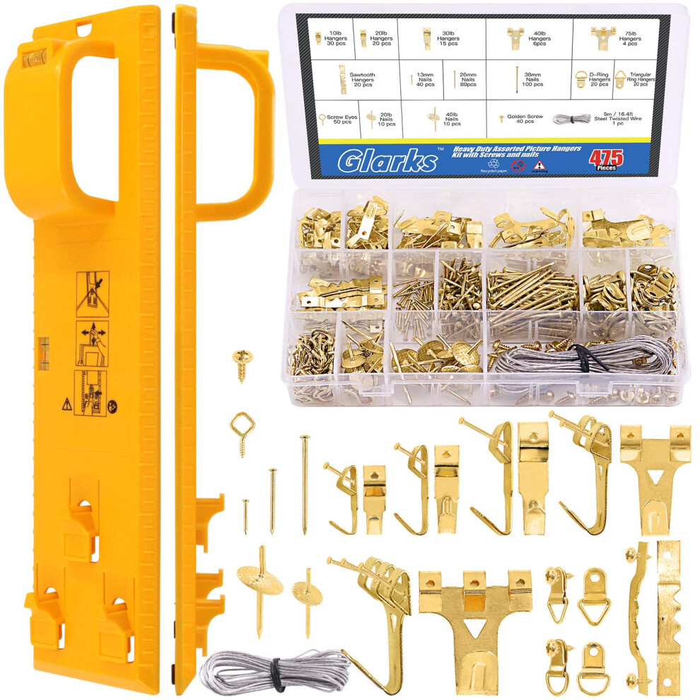 Glarks 307Pcs Picture Hanging Kit, Picture Frame Hanger Tool With Level Ruler And 306Pcs Nails, Hooks, Hanging Wire, Screw Eyes 5051226658051