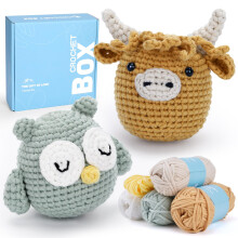 CROCHET BOX Complete Crochet Kit for Beginners - 2 PCS Highland Cow and Owl Crochet Kit, Flower Style, Include Video Tutorial, Instruction, Soft Yarn