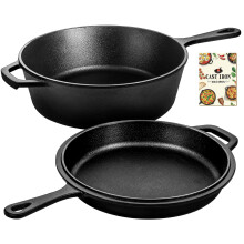 Overmont 26CM/3L Pre-Seasoned Cast Iron Pan - Dutch Oven Pot with Lid - Cast Iron Skillet, Combo Cooker with Cookbook Recipe