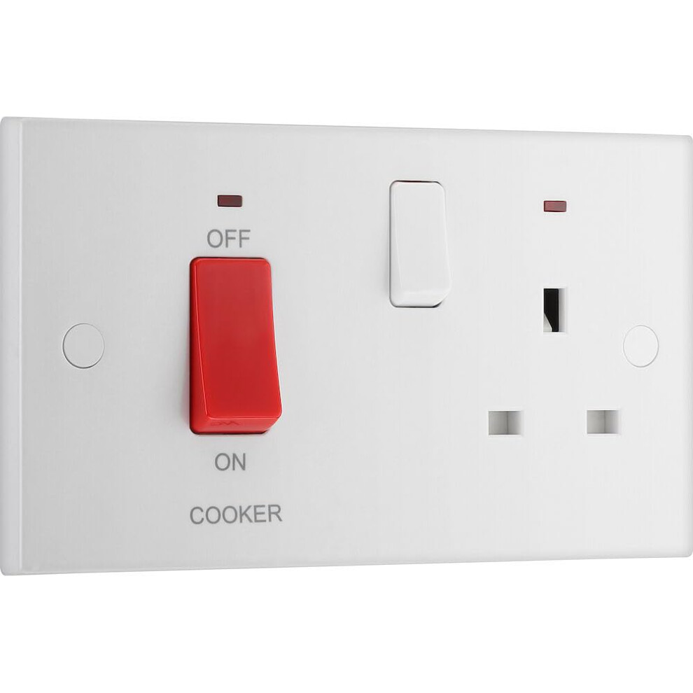Bg Electrical Cooker Switch With Socket And Led, Cooker Control Unit, Control Socket, Double Pole, Square Edges, Nexus 900 Series, White Moulded 5051226657238