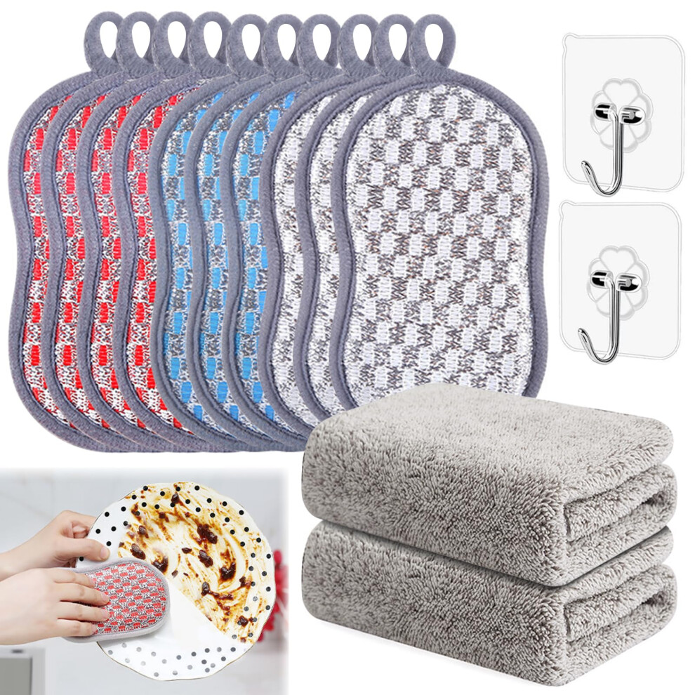 14Pcs Reusable Sponge Set With 2 Dish Washing Cloths And 2 Hooksdurable Scrub Scouring Sponge,Non-Scratch Microfiber Sponge For Dishes,Pots,Pans 5051226713668