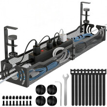 Cable Management, 64CM Long Under Desk Cable Management Tray No Drill, Metal Mesh Cable Tidy with Clamp for Standing Desk