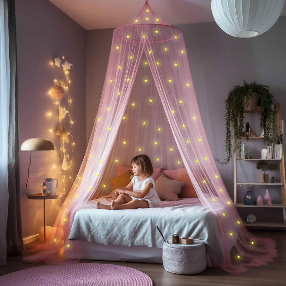 Ub-Store Pink Canopy For Girls Bed With Pre-Glued Glow In The Dark Stars - Princess Mosquito Net Room Decor - Kids & Baby Bedroom Tent With Galaxy Lights
