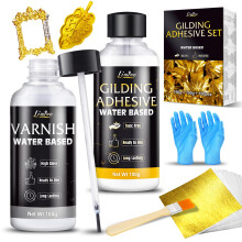 Gold Leaf Gilding Adhesive Kit - 100g Water Based Glue and 100g Varnish with Brush, Gold Foil Sheets 100 pcs, Gilding Glue Set for Foil Arts, Crafts