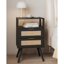 JERX Rattan Bedside Table, Farmhouse Nightstand with 2 Storage Drawer and Open Wood Shelf, for Living Room, Bedroom and Small Spaces