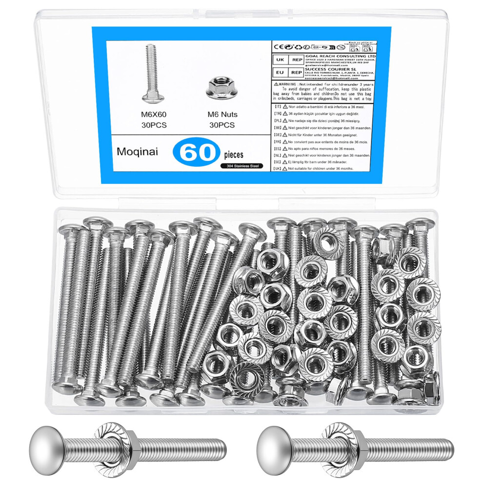 60Pcs M6 X 60Mm Carriage Bolts And Nuts Set, Stainless Steel Coach Bolts With Hex Flange Nuts, Round Head Square Neck Bolts For Wood, Metal, Fence 5051226654855