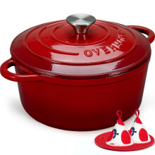 Overmont 24cm/4.2L Enamelled Cast Iron Round Casserole Pot With Lid Cookbook & Cotton Potholders - Non-stick Dutch Oven Cookware for Braising, Stews