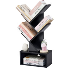 Hoctieon 4 Tier Tree Bookshelf, Tall Bookcase with Drawer, Wood Book Shelf, Modern Floor Standing Bookshelves, Book Organizer Shelves for Bedroom