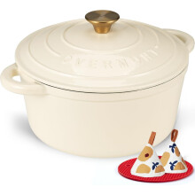 Overmont 26cm/5.2L Enamelled Cast Iron Round Casserole Pot With Lid Cookbook & Cotton Potholders - Non-stick Dutch Oven Cookware for Braising, Stews