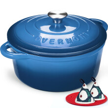 Overmont 28cm/6.6L Enamelled Cast Iron Round Casserole Pot With Lid Cookbook & Cotton Potholders - Non-stick Dutch Oven Cookware for Braising, Stews