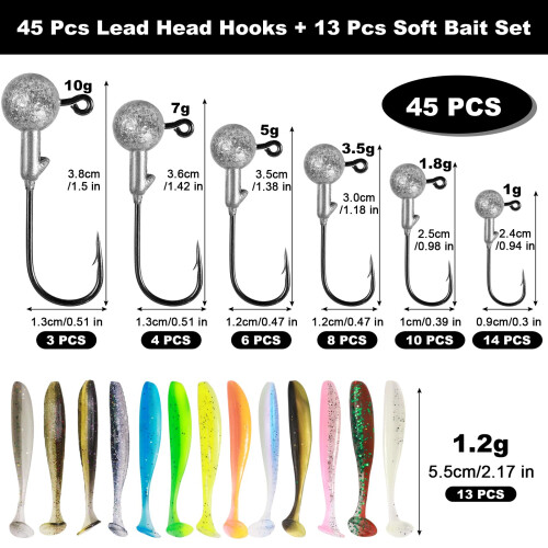 Annyswit 58 Pcs Jig Heads with Soft Plastic Lures, Perch Lures Kit 1