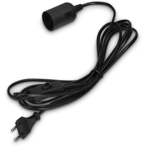 E27 with wire - Lamp holder for light bulb with power cord, plug and switch - 1.8m cable (black) 1