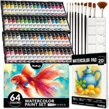 Chalkola Watercolor Paint Set - 64 Water Color Paint Tubes (12ml, 0.4oz), 10 Painting Brushes & 1 Palette, 20 WaterColor Pad