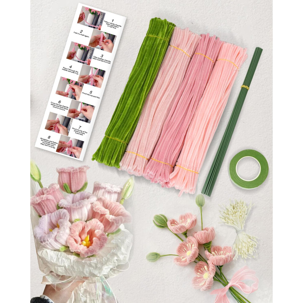 Taybong 324 Pcs Pipe Cleaners For Craft Flowers, 4 Colors Flexible Chenille Stems, Pink Pipe Cleaner Flower Kit With Florist Tape, Floral Stems 5051226705816