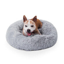 Woof & Whiskers Donut Dog Bed Light Grey Medium 60cm – Calming Plush Cuddler Bed for Small Dogs & Cats | Anti-Anxiety Round Pet Bed, Non-Slip Base