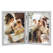 Double Photo Frame 4x6 Hinged Folding Wood Picture Frame with Glass Front Stand Vertical on Desktop Silver