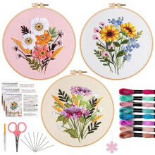 Offizon 3PCS Embroidery Kit for Beginners - Cross Stitch DIY Craft Set, Flower Embroidery Accessories & Hoop Included
