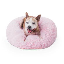 Woof & Whiskers Donut Dog Bed Pink 60cm – Calming Plush Cuddler Bed for Medium Dogs & Cats | Anti-Anxiety Round Pet Bed, Non-Slip Base