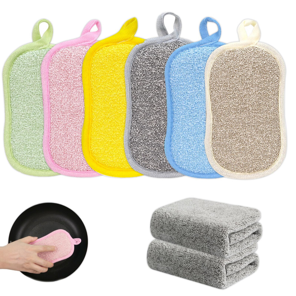 6-Pack Reusable Double Sided Kitchen Sponge, Hangable Microfibre Scouring Pads, Colorful Non-Scratch Dish Sponges With Cleaning Clothes For Dishes Grey 5051226676208