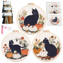 Myfelicity Embroidery kit,Autumn Black Cat Embroidery Art Set, Fall Pumpkin and Floral Design, 3 Pieces，3hoop