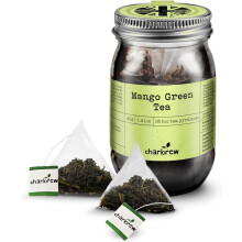 Charbrew Mango Green Tea - 16 Fine Mesh Pyramid Teabags with String & Tag in Reusable Glass Mason Jar | Premium Green Tea Blend with Lemongrass