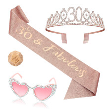 OLOSONG 4 Pcs 30th Birthday Party Accessories Set,30th Rose Gold Crown and Heart shaped pink diamond glasses,Wooden dice