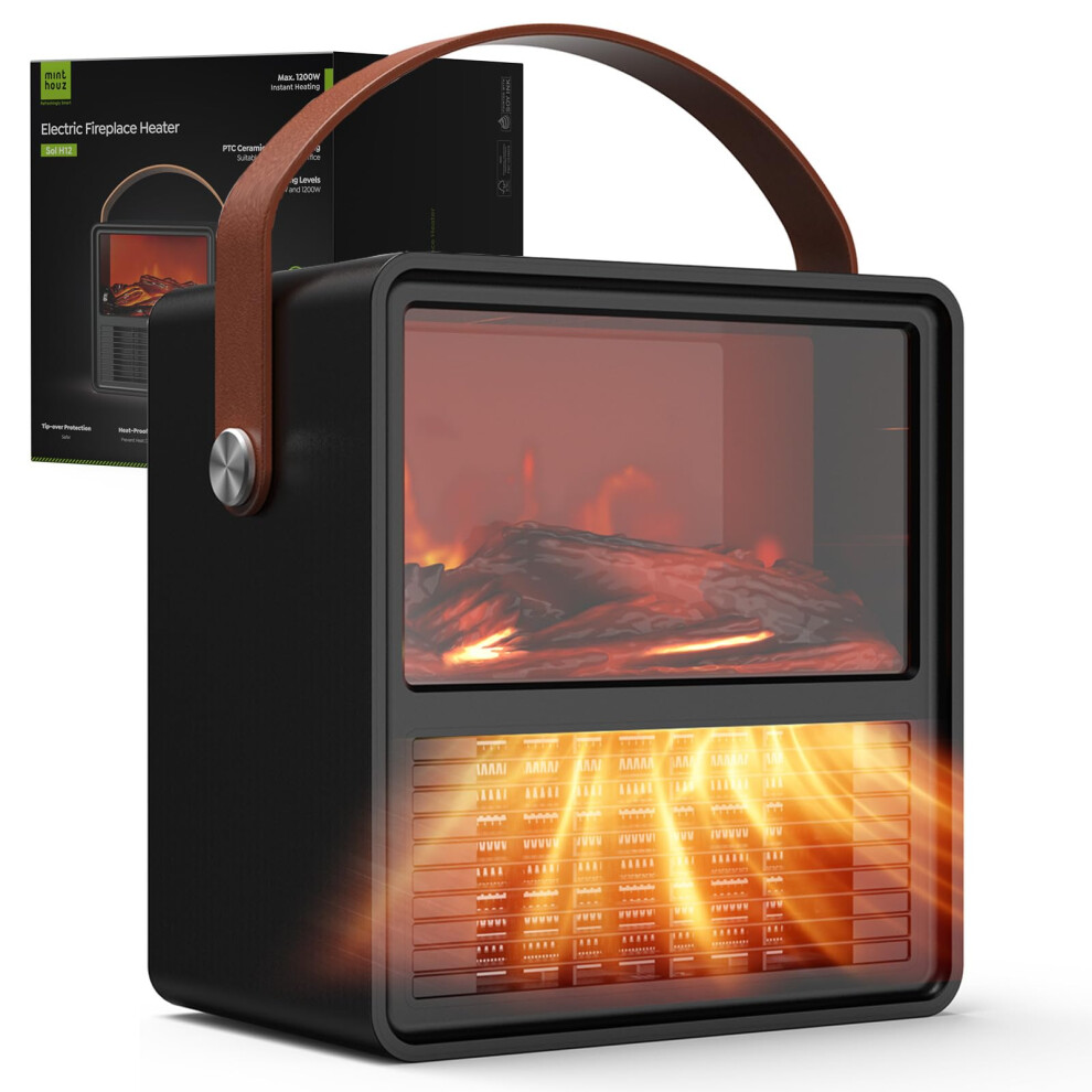Minthouz Electric Heater, 1200W/800W Ceramic Heater With 3D Flame Effect, Adjustable Thermostat, Low Noise, Energy Efficient 5051226703201