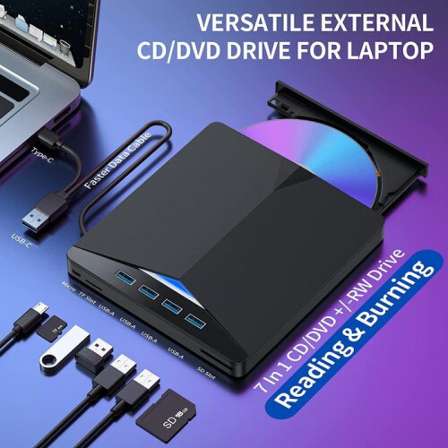 External DVD/CD Reader/Writer - UVERBON - Portable - USB 3.0 - 7-in-1 - Compatible with Windows 11/10/8/7 1