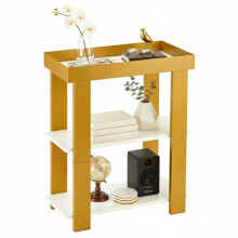 Modern 3-Tier Gold Side Table, Narrow End Table with White Tray Top Shelves, Slim Nightstand Bedside Table for Small Spaces, Living Room, Bedroom