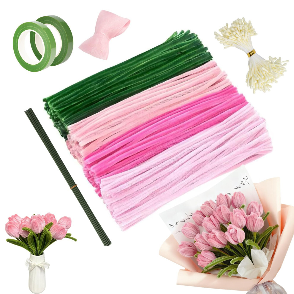 570Pcs Pipe Cleaner Flower Diy Craft Kit - Pipe Cleaners With Pink Green Colors, Pipes Cleaner For Craft Flowers And Cleaning 5051226707858
