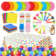 222 Pieces Colorful Rainbow Party Tableware Set - Tablecloth, Colorful Balloons, Party Blowers Whistles, Paper Plates, Cups, Napkins