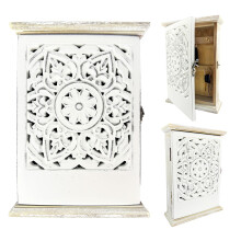 Wooden Key Cabinet, Distressed Hollow Flowers Wood Key Cupboard Wall Mounted Vintage Wooden Key Storage Box 27.8 19.7 7cm with 6 Hooks Can Store