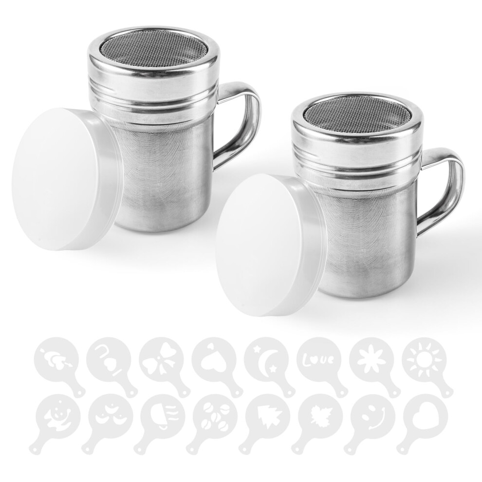 Tagmeiu 2Pcs Powder Flour Shaker Stainless Steel, Chocolate Shaker With Fine Mesh, With 16 Molds, Sifters For Icing Sugar, Salt, Cappuccino, Cocoa, Creams