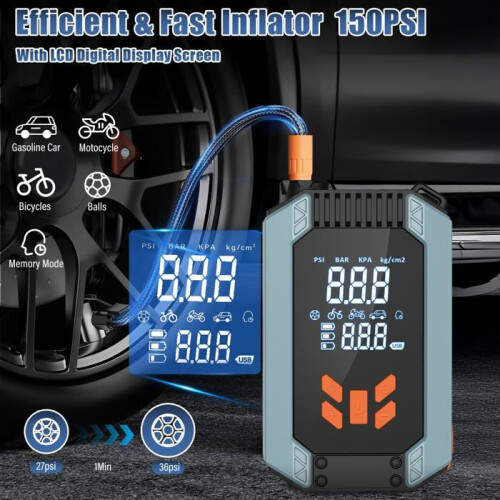 Ισχυρός εκκινητής μπαταρίας αυτοκινήτου 12V 1200A, με αεροσυμπιεστή 150 PSI και σφιγκ 1