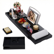 Foldable Bathtub Plate, Bamboo, Bath Shelf with Wine Glass Holder, Book Holder, Telephone, Tablet with Pull-Out Sides, Adjustable Soap Holder