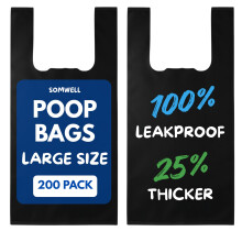 Somwell – Pack of 200 Large Dog Poo Bags, Extra Strong Poo Bags with Tie Handles, Leakproof Dog Waste Bags, Pet Poop Disposal, Odour-Free, Opaque