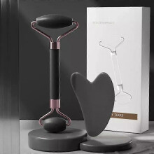 (Black with Box) 2Pcs Face Massager Roller Guasha Board Resin Scraper Wrinkle Remover Massage Roller for Facial Lifting Body Slim Skin Care Tools