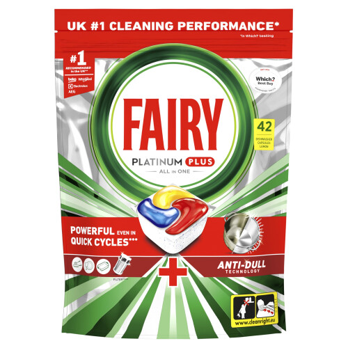 Fairy Fairy Platinum Plus Dishwasher Tablets – 42 Pack, Lemon, Anti-Dull Technology