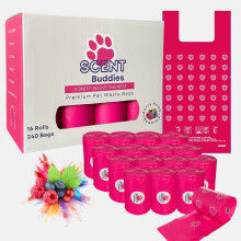 Scent Buddies| Berry Bomb Scented Dog Poo Bags with Handles| Extra Thick| 20 Micron| Leakproof Pink Poop Bags for Large Dogs| Large Compostable