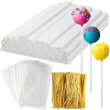 300Pcs Cake Pop Sticks and Wrappers Kit, 100Pcs 6IN Lollipop Stick, 100pcs Gold Twist Ties, 100pcs Clear Candy Treat Bags Parcel for Lollipops