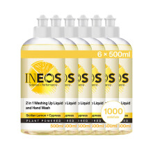 INEOS 2in1 Washing Up Liquid, 3L (500ml x 6), 1000 Sinkfuls, Dishwashing + Handwashing, Plant Powered, Sicilian Lemon + Cypress, Packaging May Vary