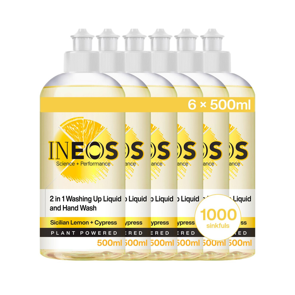 Ineos Hygienics Ineos 2In1 Washing Up Liquid, 3L (500Ml X 6), 1000 Sinkfuls, Dishwashing + Handwashing, Plant Powered, Sicilian Lemon + Cypress, Packaging May Vary