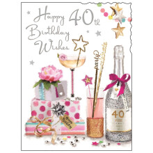 Jonny Javelin Female 40th Milestone Birthday Card - Age 40 - Champagne and Presents with Foil and Flitter Details