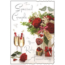 Illustrated Ruby Anniversary Card - (JJ9332) - Special Couple Ruby Anniversary - From The Velvet Range - Embossed With A Silver Foil & Flitter Finish