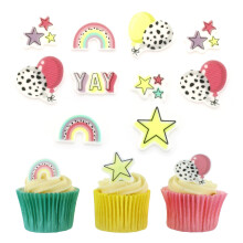 Culpitt Rainbow Sugar Decorations | 32 Edible Cupcake Toppers | Printed Fondant Sugar Paste Cake-Decorations Featuring Rainbows, Balloons