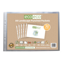 eco-eco A4 100% Recycled Landscape Multi Punched Pockets Glass Clear, Transparent Poly Wallet Sheet Protector, 45 Microns (Pack of 50), eco145