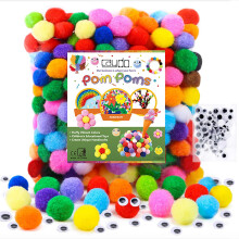 Caydo 300 PCS Multicolor Craft Pom Poms, 2.5 cm Fuzzy Pompoms Balls with 100 PCS Wiggle Eyes for Kids DIY Creative Crafts Projects Mother's Day