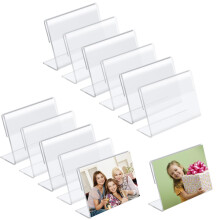 DiiWmme 12Pcs Mini Acrylic Sign Holder, L Shape Price Tag Display Stand, Slanted Brochure and Photo Frame Holder for Restaurant Menu, Office Desk