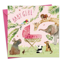 Twizler New Baby Girl Card with Pink Crib and Jungle Animals - New Baby Card Girl - Newborn Essentials - Congratulations Card - Cute Card